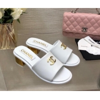 Best Price Chanel Calfskin Slides Sandal 5cm with Gold-Tone Heel White 601079