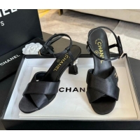 Top Grade Chanel Satin Heel Sandals 6.5cm with Pearls Black 01080