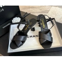 Best Grade Chanel Lambskin Heel Sandals 6.5cm with Pearls Black 601082