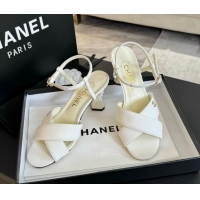 Pretty Style Chanel Lambskin Heel Sandals 6.5cm with Pearls White 601083