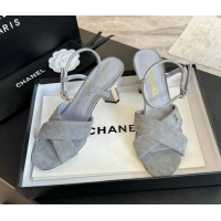 Grade Quality Chanel Suede Heel Sandals 6.5cm with Pearls Grey 601084