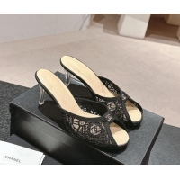 Most Popular Chanel Lace High Heel Slides Sandals 7cm Black 601087