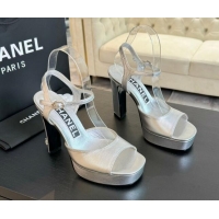 Charming Chanel Lambskin Platform Sandals 12cm Silver 601096