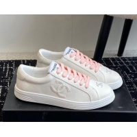 Top Design Chanel CC White Calfskin Sneakers Pink 601102