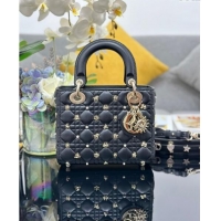 Grade Quality Dior Small Lady Dior MY ABCDior Bag in Cannage Lambskin with Gold-Finish Zodiac Sign Studs CD4082 Black 20