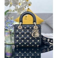 Best Grade Dior Small Lady Dior MY ABCDior Bag in Cannage Lambskin with Gold-Finish Sun Studs CD4082 Black Gold 2024