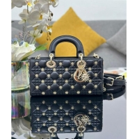 Shop Best Dior Medium Lady D-Joy Bag in Cannage Lambskin with Gold-Finish Sun Studs CD4085 Black 2024