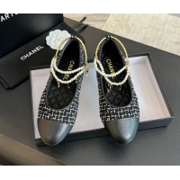 Best Product Chanel Tweed Ballet Flats with Pearls Anklet Black 603003