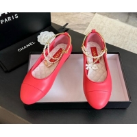 Luxurious Chanel Lambskin Ballet Flats with Pearls Anklet Red 603004