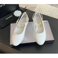 Top Design Chanel Lambskin Ballet Flats with Pearls Anklet White 603005