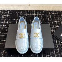 Pretty Style Chanel Calfskin Leather Loafers with Camellia CC G45663 Light Blue 603008