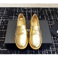 Top Grade Chanel Calfskin Leather Loafers with Camellia CC G45663 Gold 603009