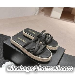 Pretty Style Chanel Calfskin Espadrille Flat Slide Sandals with Studs Chain Black 603021