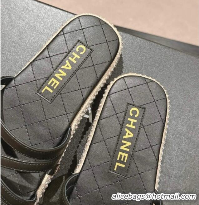 Pretty Style Chanel Calfskin Espadrille Flat Slide Sandals with Studs Chain Black 603021