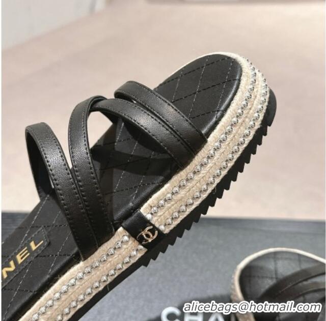 Pretty Style Chanel Calfskin Espadrille Flat Slide Sandals with Studs Chain Black 603021