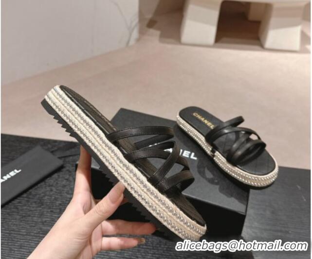 Pretty Style Chanel Calfskin Espadrille Flat Slide Sandals with Studs Chain Black 603021