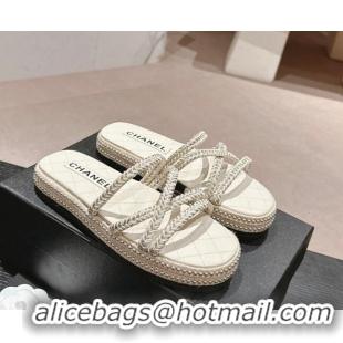 Shop Duplicate Chanel Braided Espadrille Flat Slide Sandals with Studs Chain White 603022