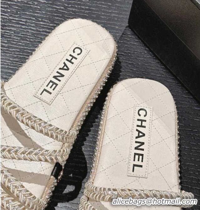 Shop Duplicate Chanel Braided Espadrille Flat Slide Sandals with Studs Chain White 603022