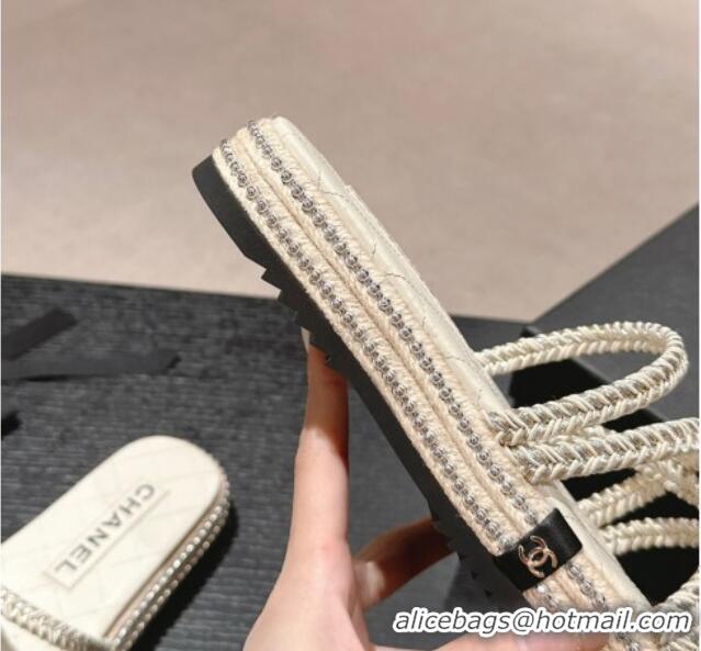 Shop Duplicate Chanel Braided Espadrille Flat Slide Sandals with Studs Chain White 603022