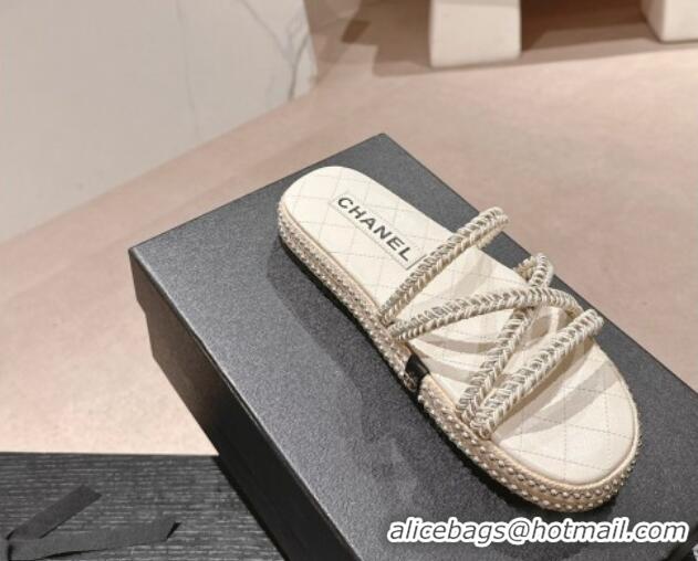 Shop Duplicate Chanel Braided Espadrille Flat Slide Sandals with Studs Chain White 603022