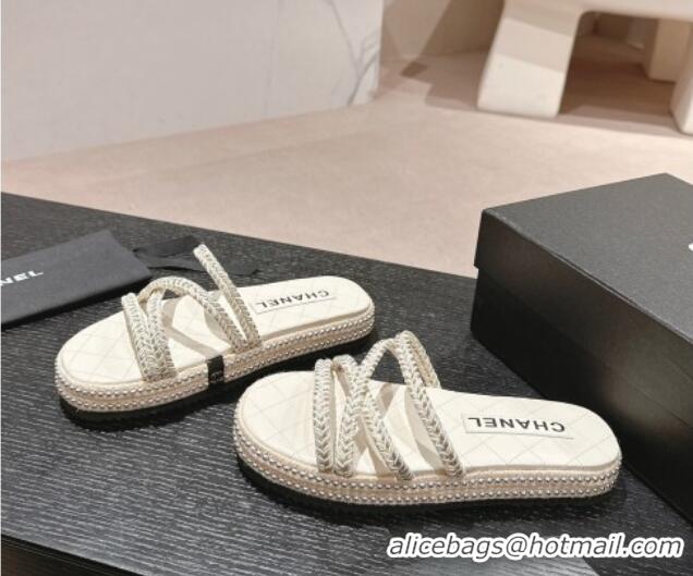 Shop Duplicate Chanel Braided Espadrille Flat Slide Sandals with Studs Chain White 603022