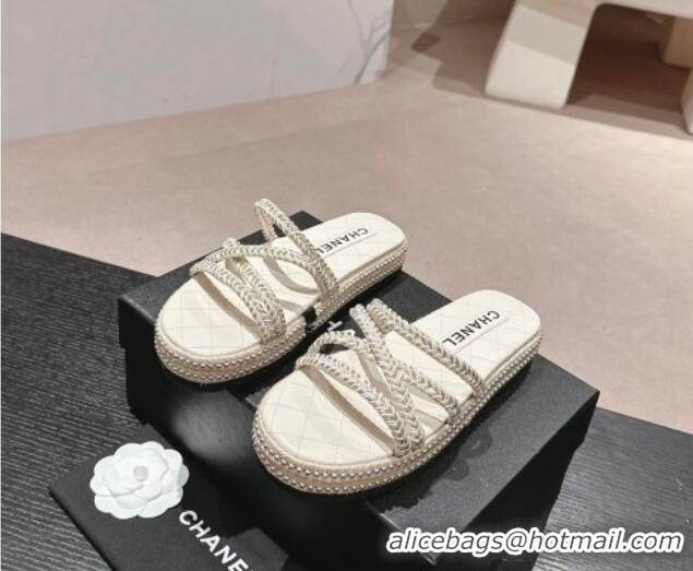 Shop Duplicate Chanel Braided Espadrille Flat Slide Sandals with Studs Chain White 603022