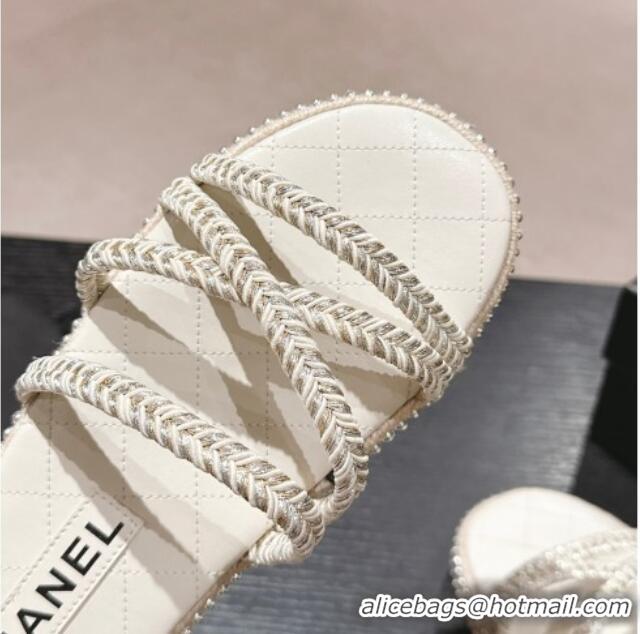 Shop Duplicate Chanel Braided Espadrille Flat Slide Sandals with Studs Chain White 603022