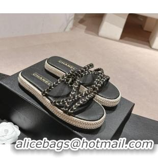 Good Looking Chanel Braided Espadrille Flat Slide Sandals with Studs Chain Black 603023