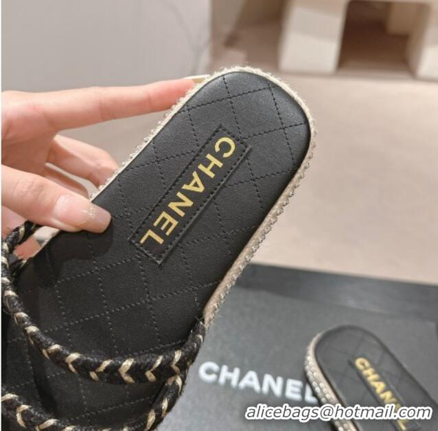 Good Looking Chanel Braided Espadrille Flat Slide Sandals with Studs Chain Black 603023