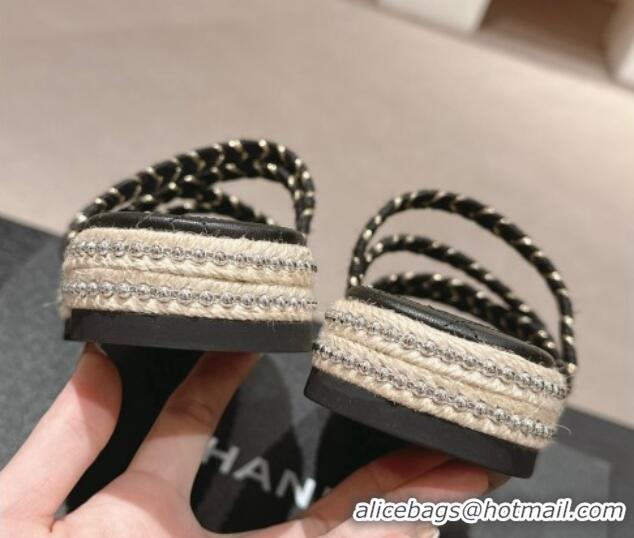 Good Looking Chanel Braided Espadrille Flat Slide Sandals with Studs Chain Black 603023