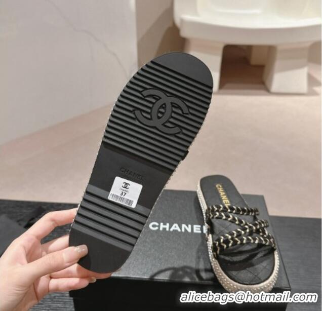 Good Looking Chanel Braided Espadrille Flat Slide Sandals with Studs Chain Black 603023