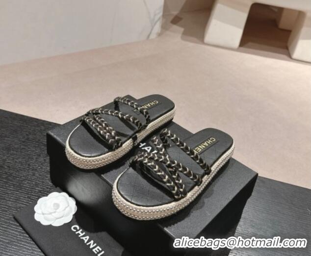 Good Looking Chanel Braided Espadrille Flat Slide Sandals with Studs Chain Black 603023