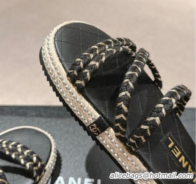 Good Looking Chanel Braided Espadrille Flat Slide Sandals with Studs Chain Black 603023