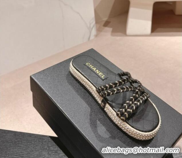 Good Looking Chanel Braided Espadrille Flat Slide Sandals with Studs Chain Black 603023