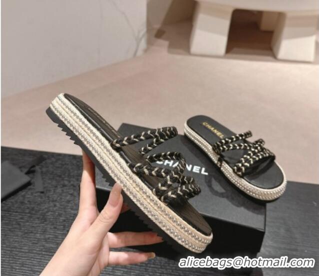 Good Looking Chanel Braided Espadrille Flat Slide Sandals with Studs Chain Black 603023