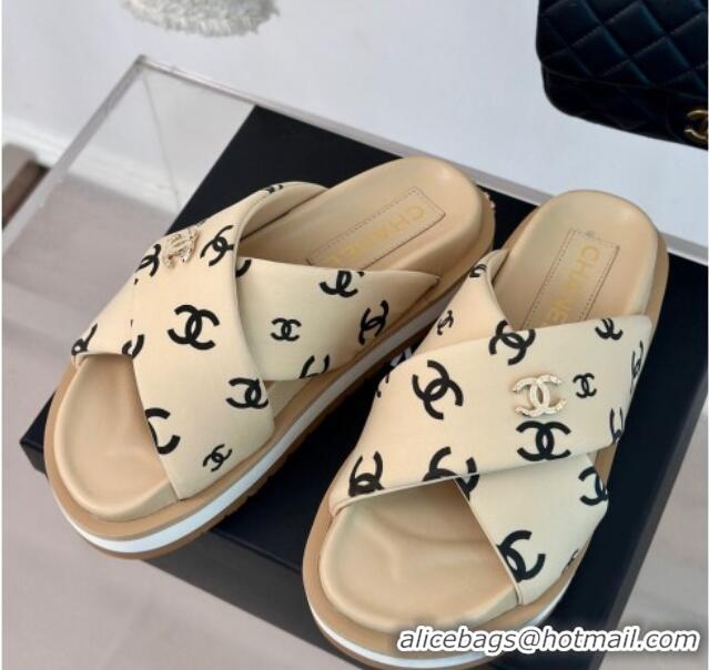 Best Product Chanel CC Printed Platform Slide Sandals Beige 603024