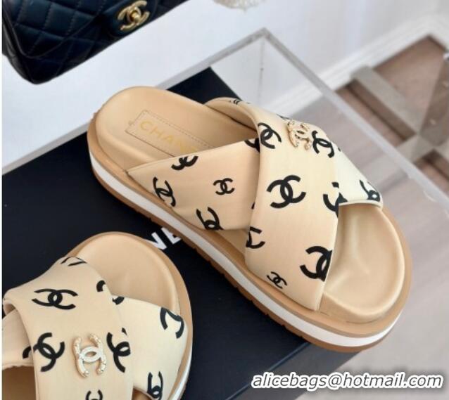 Best Product Chanel CC Printed Platform Slide Sandals Beige 603024