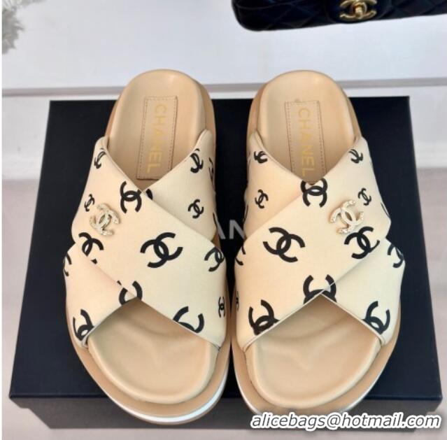 Best Product Chanel CC Printed Platform Slide Sandals Beige 603024