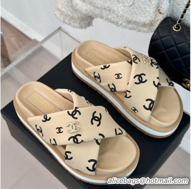 Best Product Chanel CC Printed Platform Slide Sandals Beige 603024