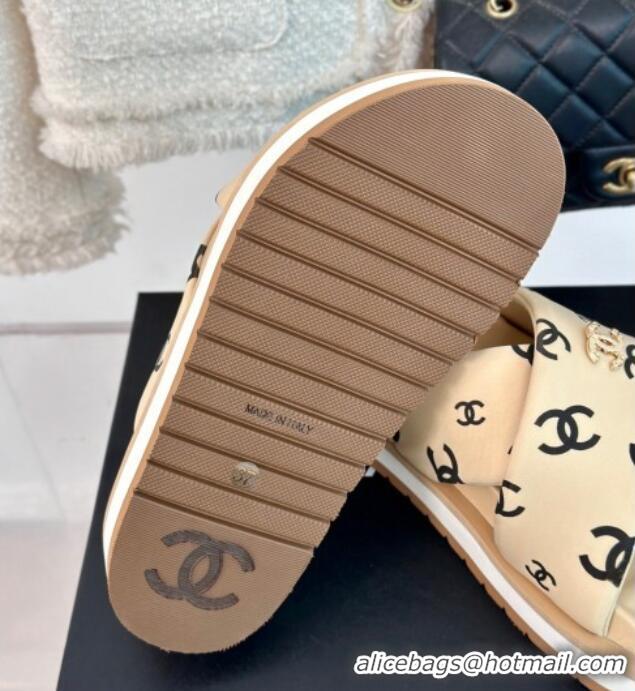 Best Product Chanel CC Printed Platform Slide Sandals Beige 603024