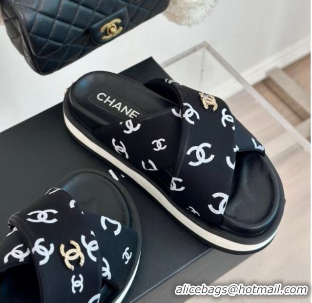 Purchase Chanel CC Printed Platform Slide Sandals Black 603025