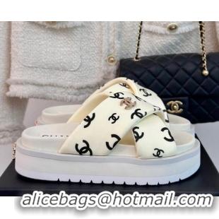 Top Grade Chanel CC Printed Platform Slide Sandals White 603026