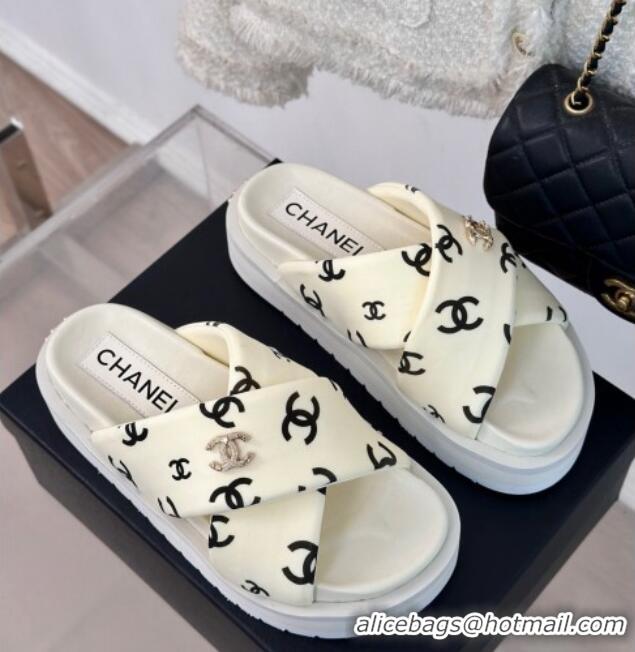 Top Grade Chanel CC Printed Platform Slide Sandals White 603026