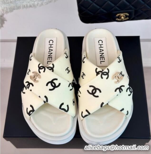 Top Grade Chanel CC Printed Platform Slide Sandals White 603026