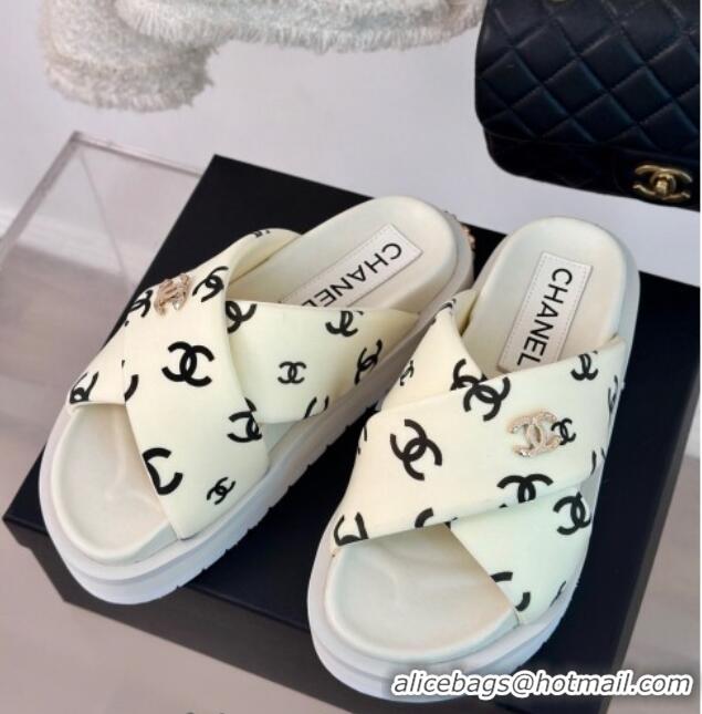 Top Grade Chanel CC Printed Platform Slide Sandals White 603026