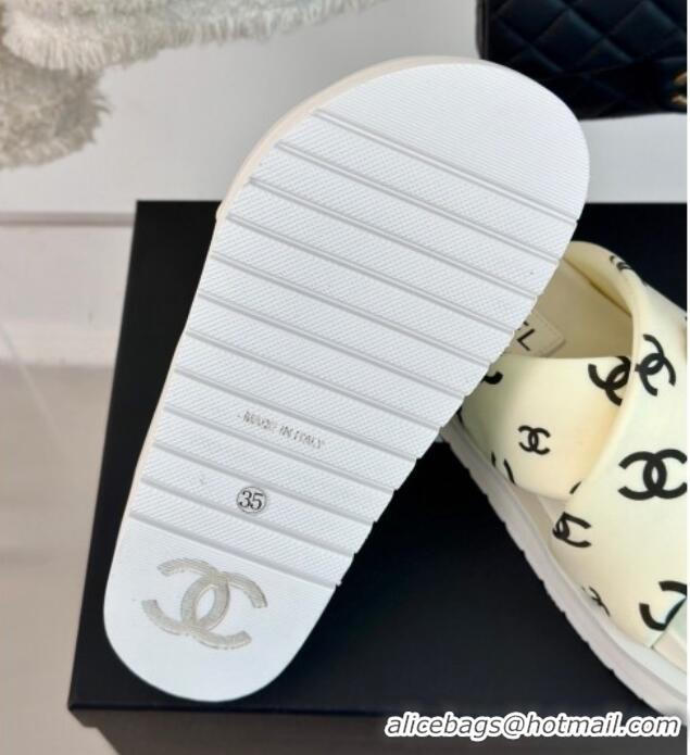 Top Grade Chanel CC Printed Platform Slide Sandals White 603026