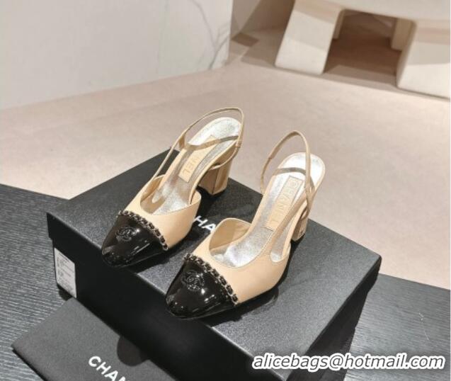 Grade Quality Chanel Lambskin & Patent Calfskin Slingback Pumps 9cm with Chain Beige 603027