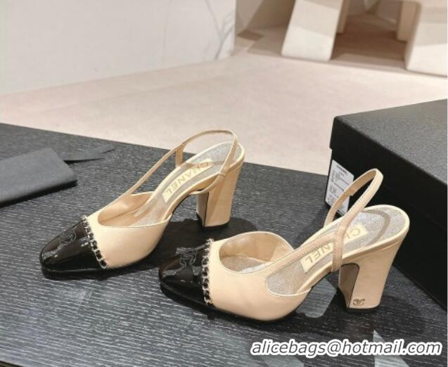 Grade Quality Chanel Lambskin & Patent Calfskin Slingback Pumps 9cm with Chain Beige 603027