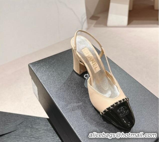 Grade Quality Chanel Lambskin & Patent Calfskin Slingback Pumps 9cm with Chain Beige 603027