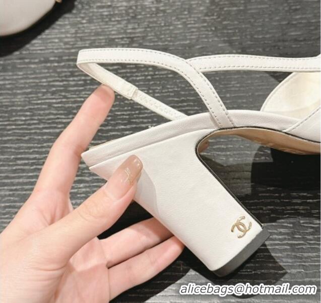 Top Design Chanel Lambskin & Patent Calfskin Slingback Pumps 9cm with Chain White 603028